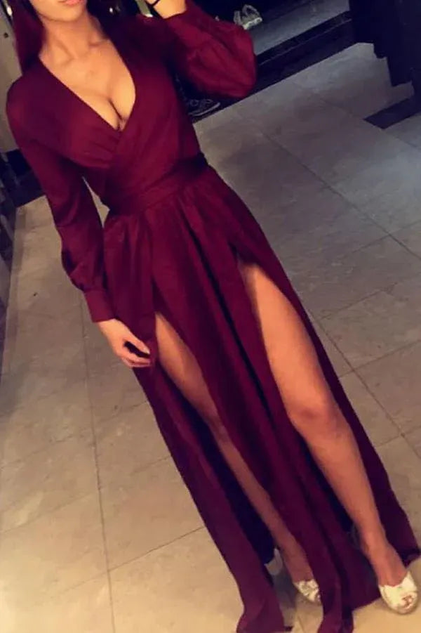 Sultry A-Line Deep-V Long Sleeve High-Slit Train Length Prom Dress