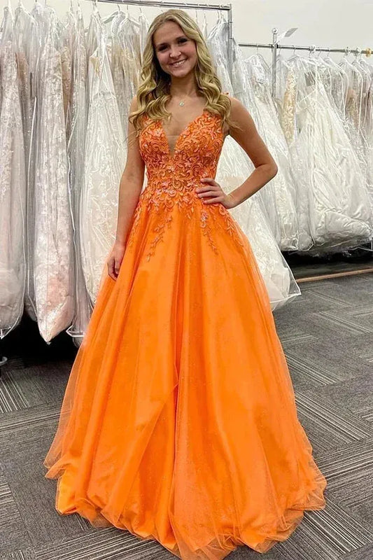Vibrant A-Line Deep V Neck Sleeveless Lace Back Floor Length Prom Dress