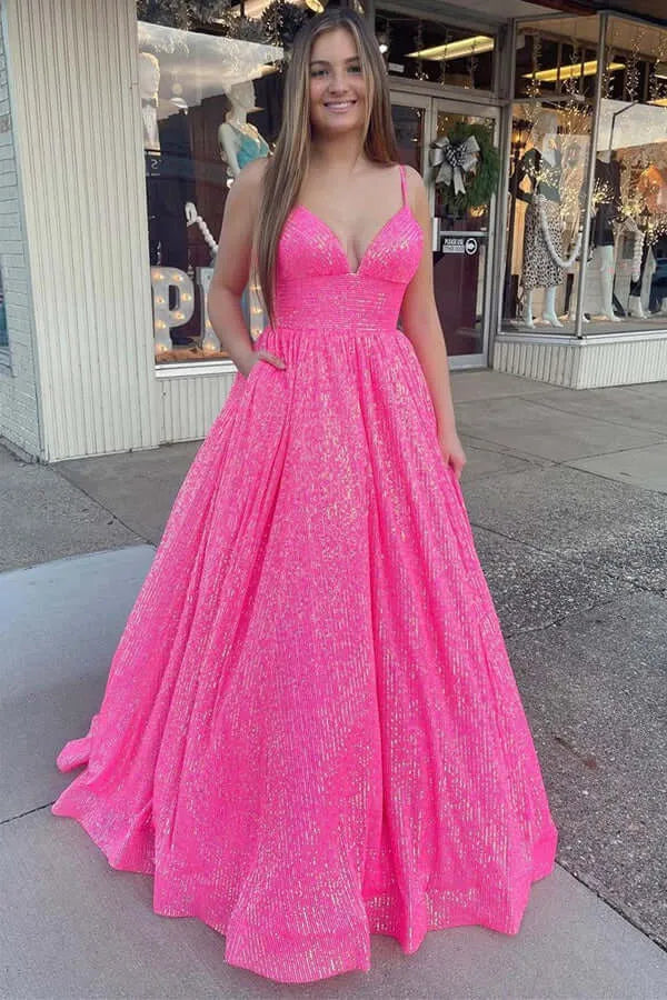 Vibrant A-Line Deep V Neck Sleeveless Lace Up Back Floor Length Prom Dress