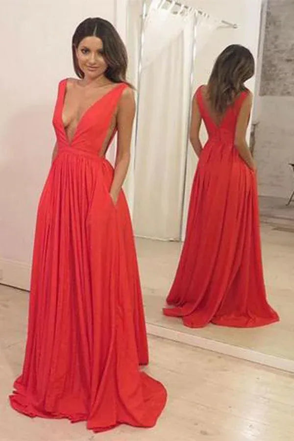 Vibrant A-Line Deep-V Sleeveless Open Back Side Pocket Train Length Prom Dress