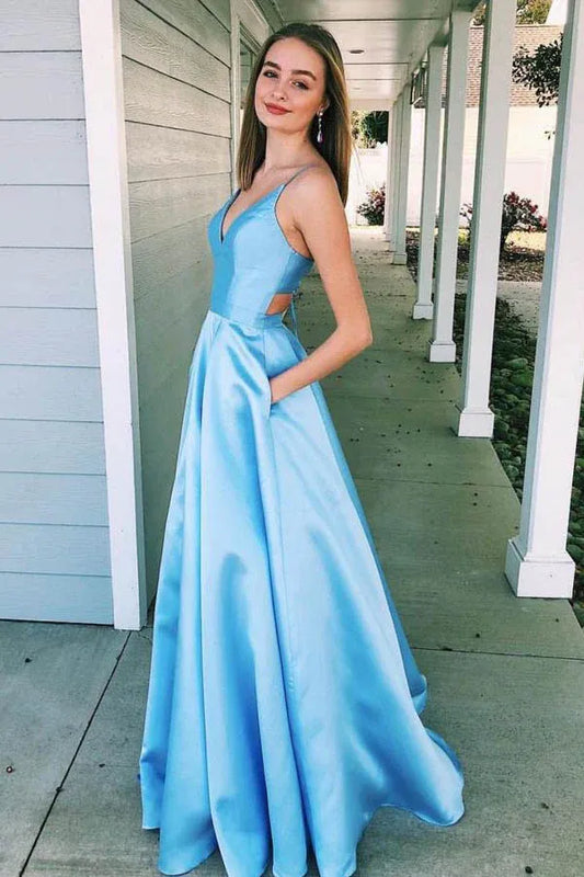 Vibrant A-Line Deep-V Spaghetti Strap Cut Out Back Floor Length Prom Dress