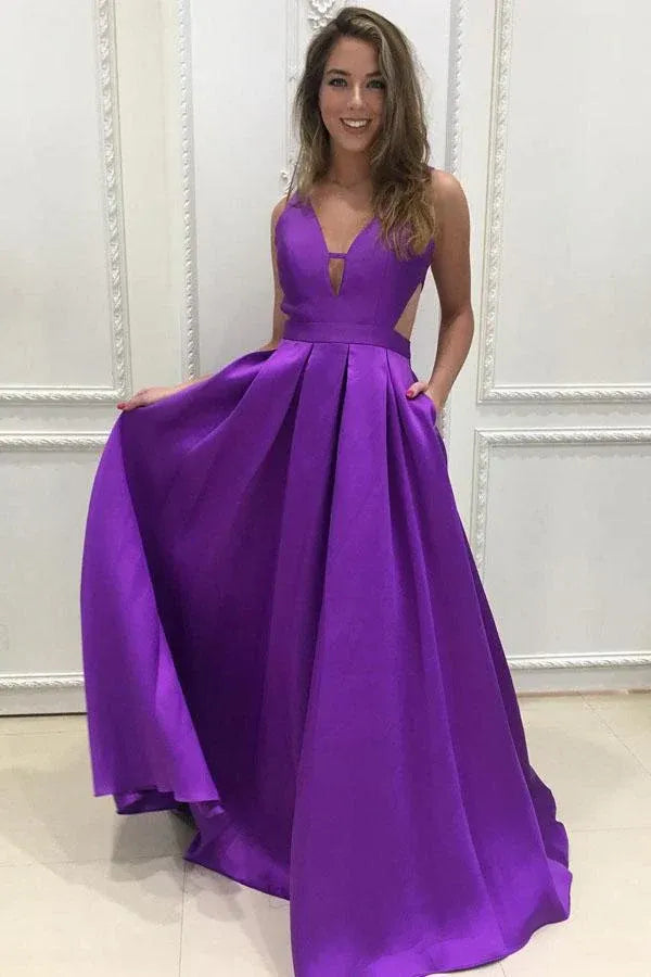 Vibrant A-Line Deep-V Spaghetti Strap Cut Out Back Train Length Prom Dress
