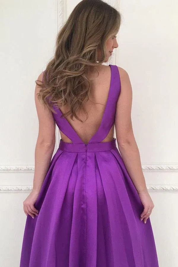 Vibrant A-Line Deep-V Spaghetti Strap Cut Out Back Train Length Prom Dress