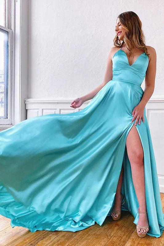 Vibrant A-Line Deep-V Spaghetti Strap Lace Up Back High Slit Train Length Prom Dress