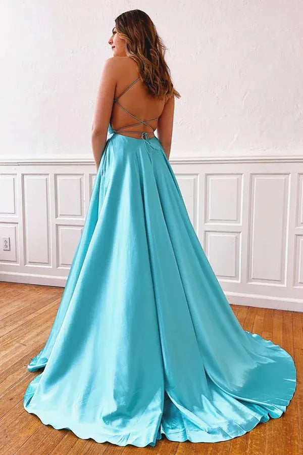 Vibrant A-Line Deep-V Spaghetti Strap Lace Up Back High Slit Train Length Prom Dress