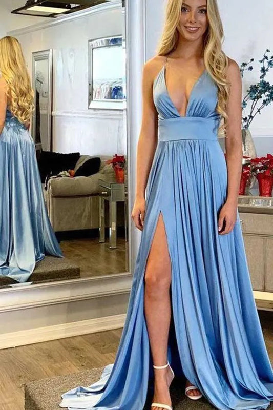 Vibrant A-Line Deep-V Spaghetti Strap Open Back High Slit Train Length Prom Dress