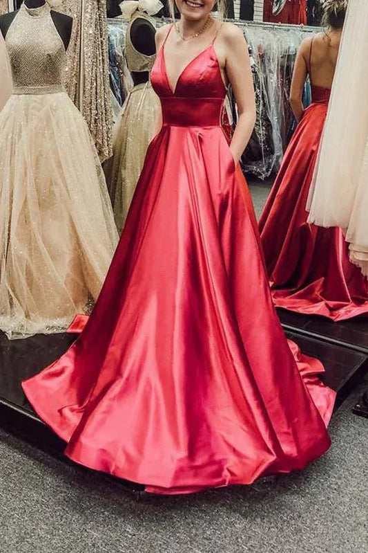 Vibrant A-Line Deep V Spaghetti Strap Open Back Train Length Prom Dress