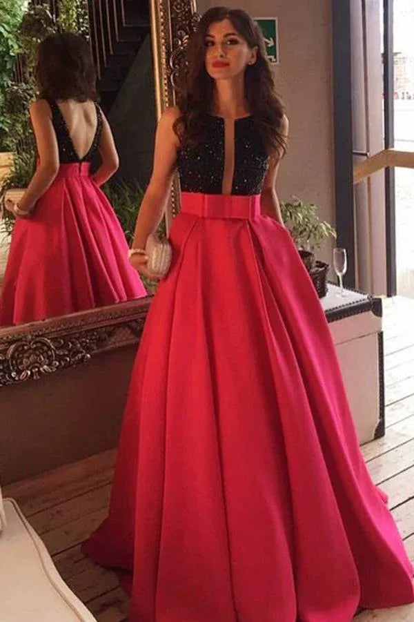 Vibrant Ball-Gown Deep-V Sleeveless Open Back Train Length Prom Dress