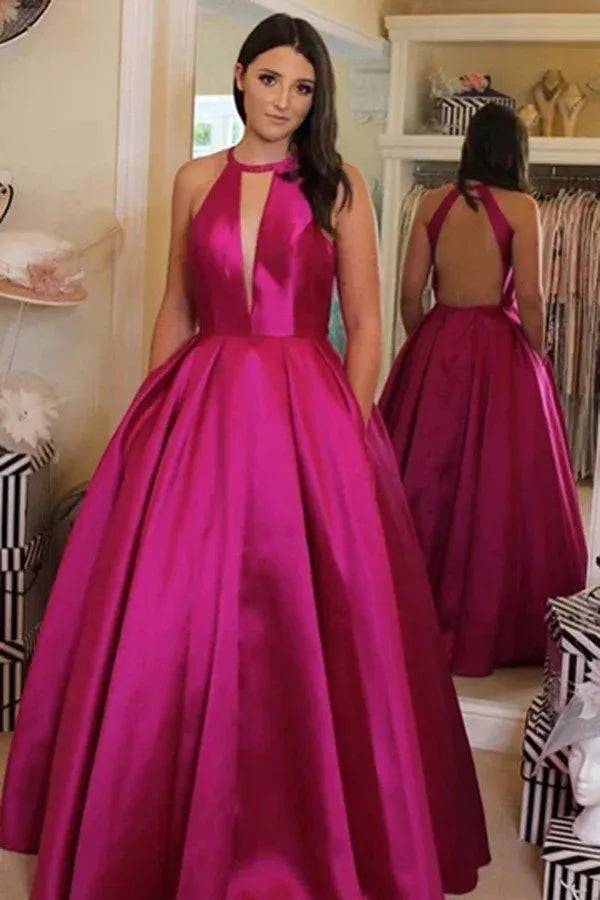 Vibrant Ballgown Halter Neck Sleeveless Open Back Floor Length Prom Dress