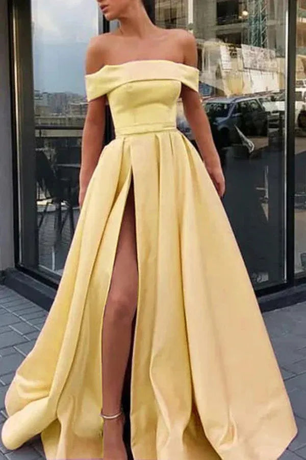 Vibrant Ballgown Off-Shoulder Sleeveless High Slit Train Length Prom Dress