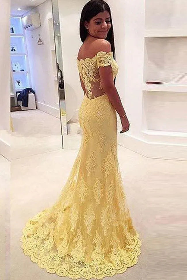 Vibrant Mermaid Off-Shoulder Sleeveless Lace Cut Out Back Train Length Prom Dress