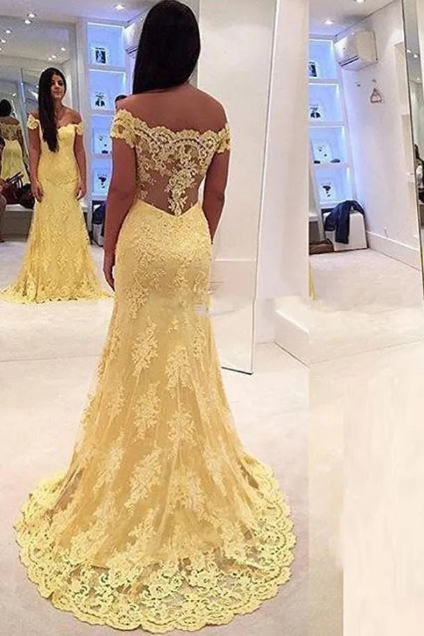 Vibrant Mermaid Off-Shoulder Sleeveless Lace Cut Out Back Train Length Prom Dress