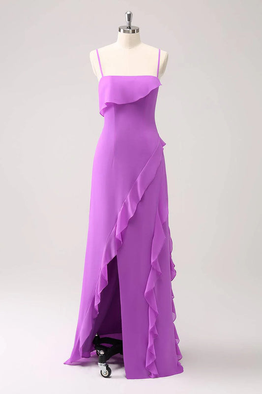 Vibrant Mermaid Spaghetti Strap Ruffle Accent Slit Floor Length Bridesmaid Dress