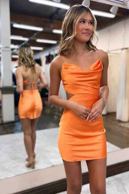 Vibrant Orange Bodycon Deep V Spaghetti Strap Crisscross Back Mini Homecoming Dress