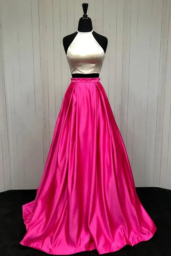 Vibrant Two-Piece Ball Gown Halter Neck Lace Up Back Train Length Prom Dress