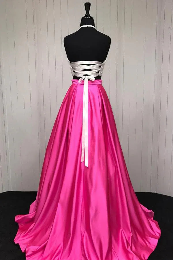 Vibrant Two-Piece Ball Gown Halter Neck Lace Up Back Train Length Prom Dress