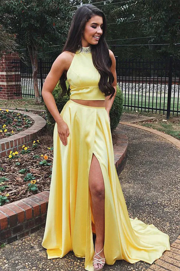 Vibrant Two-Piece Ballgown Halter Neck Sleeveless High Slit Train Length Prom Dress