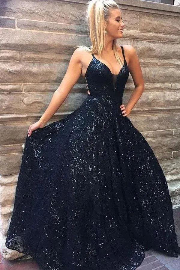 Vintage A-Line Deep-V Spaghetti Strap Lace Up Back Floor Length Prom Dress
