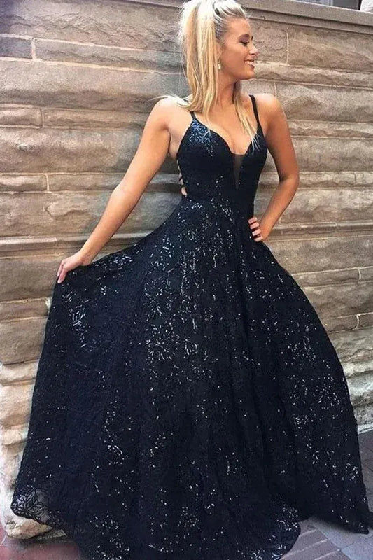 Vintage A-Line Deep-V Spaghetti Strap Lace Up Back Floor Length Prom Dress