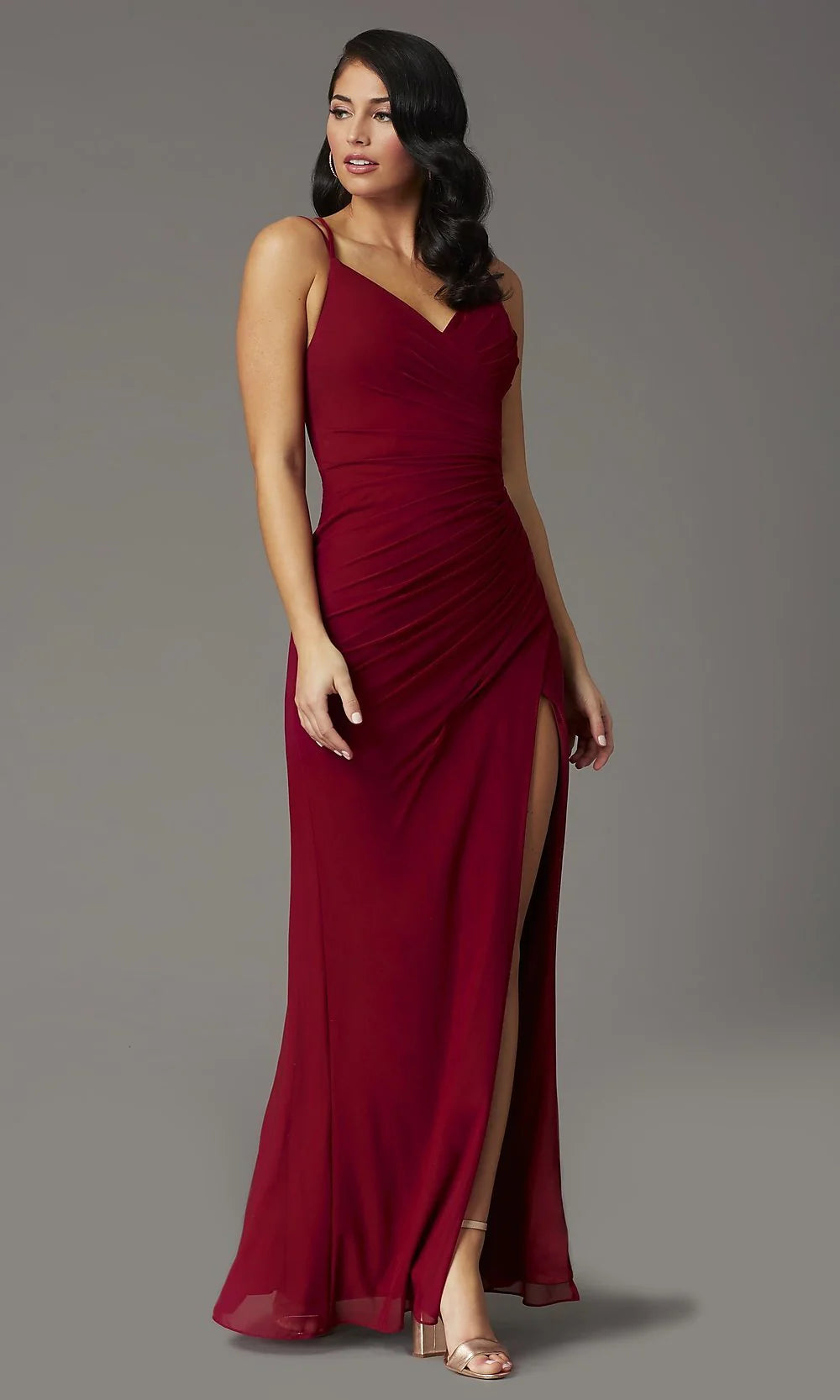 Long V-Neck Pleated Chiffon Prom Dress with Slit
