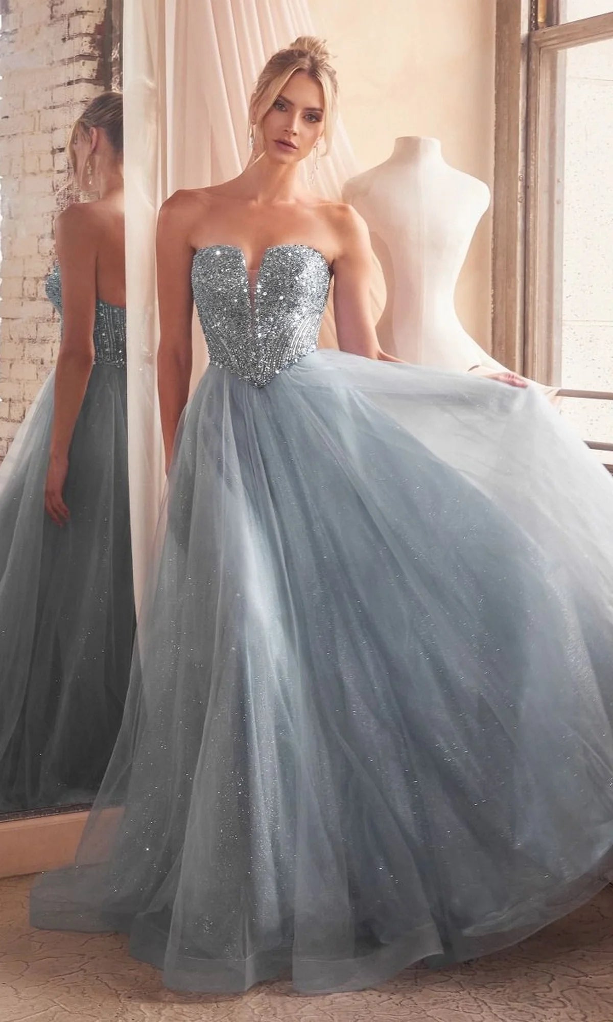 Lace-Up Strapless Long Glitter Prom Dress