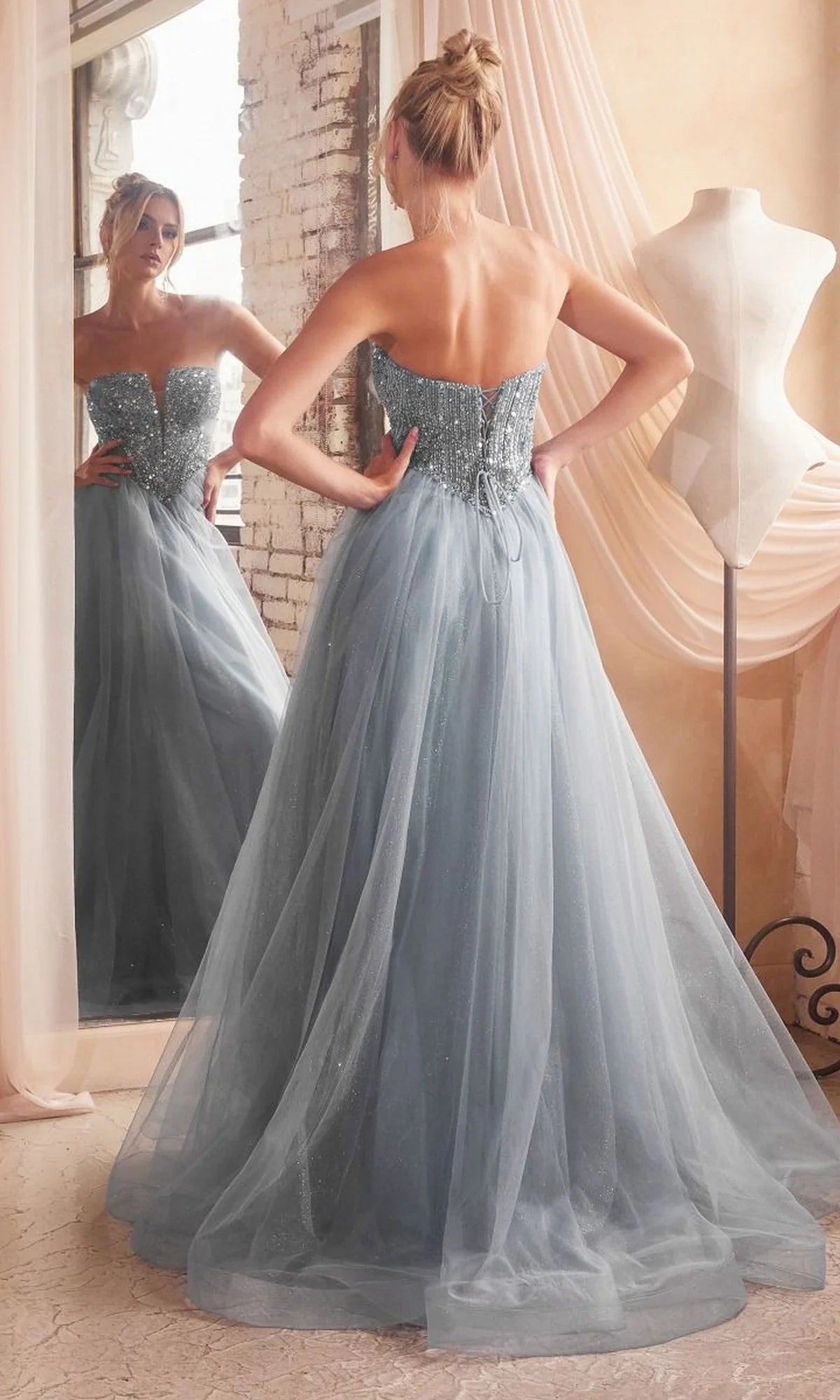 Lace-Up Strapless Long Glitter Prom Dress