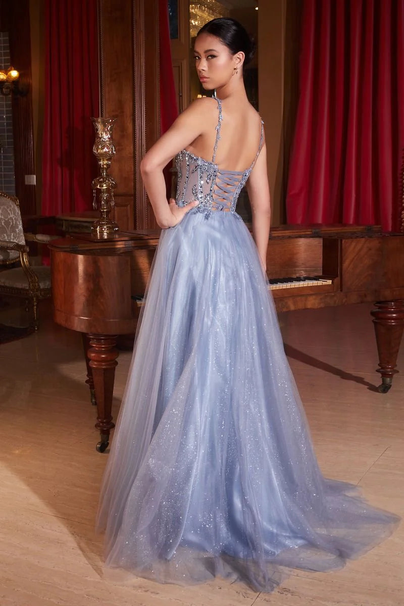 Glitter-Tulle Long Prom Dress