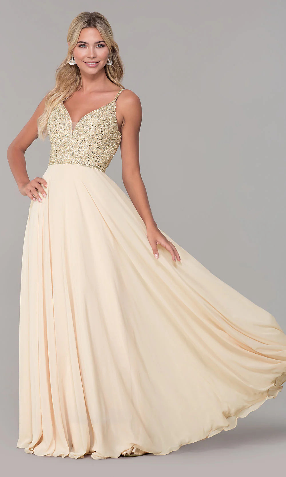 Long V-Neck Sleeveless Beaded-Bodice Prom Dress