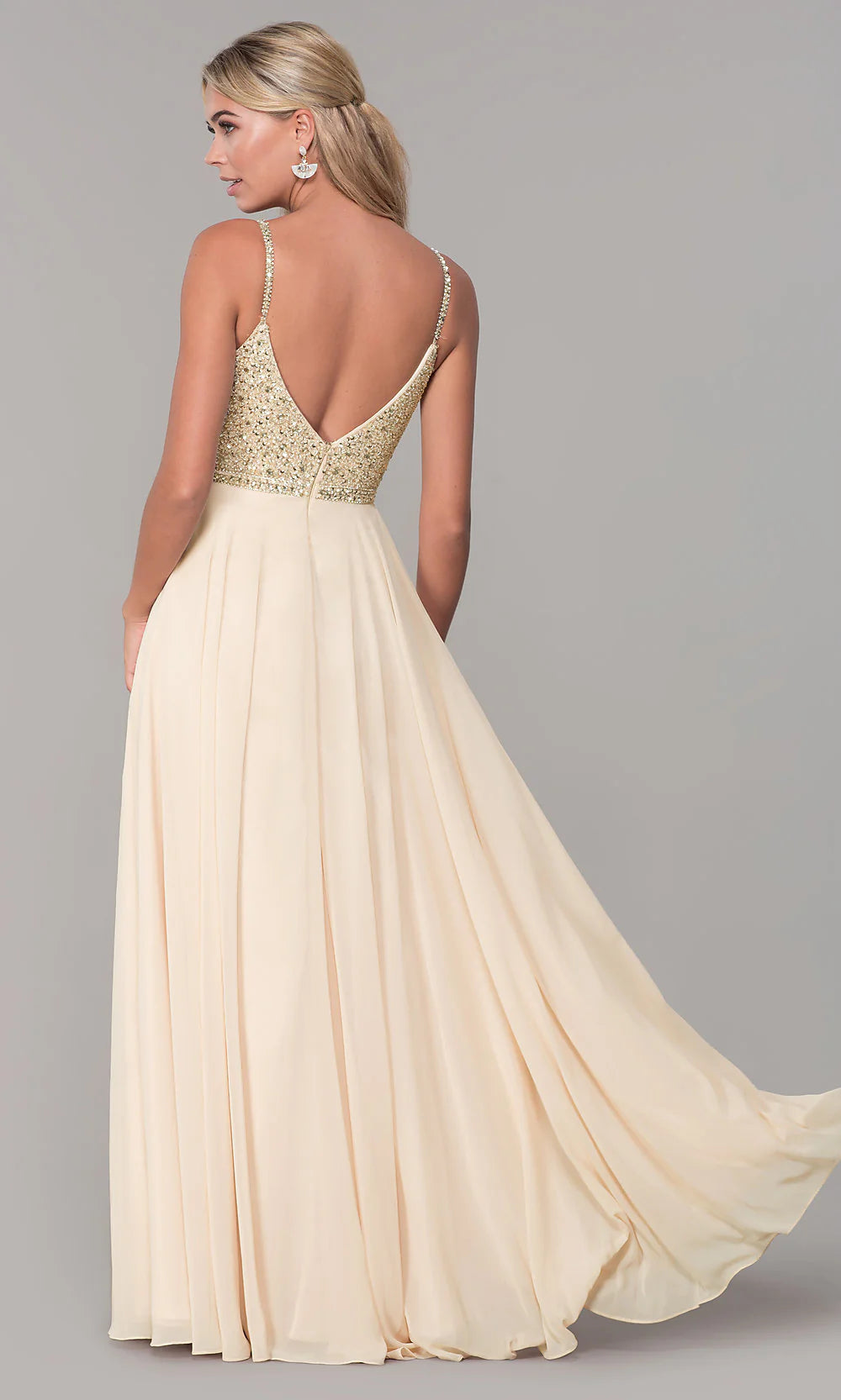 Long V-Neck Sleeveless Beaded-Bodice Prom Dress
