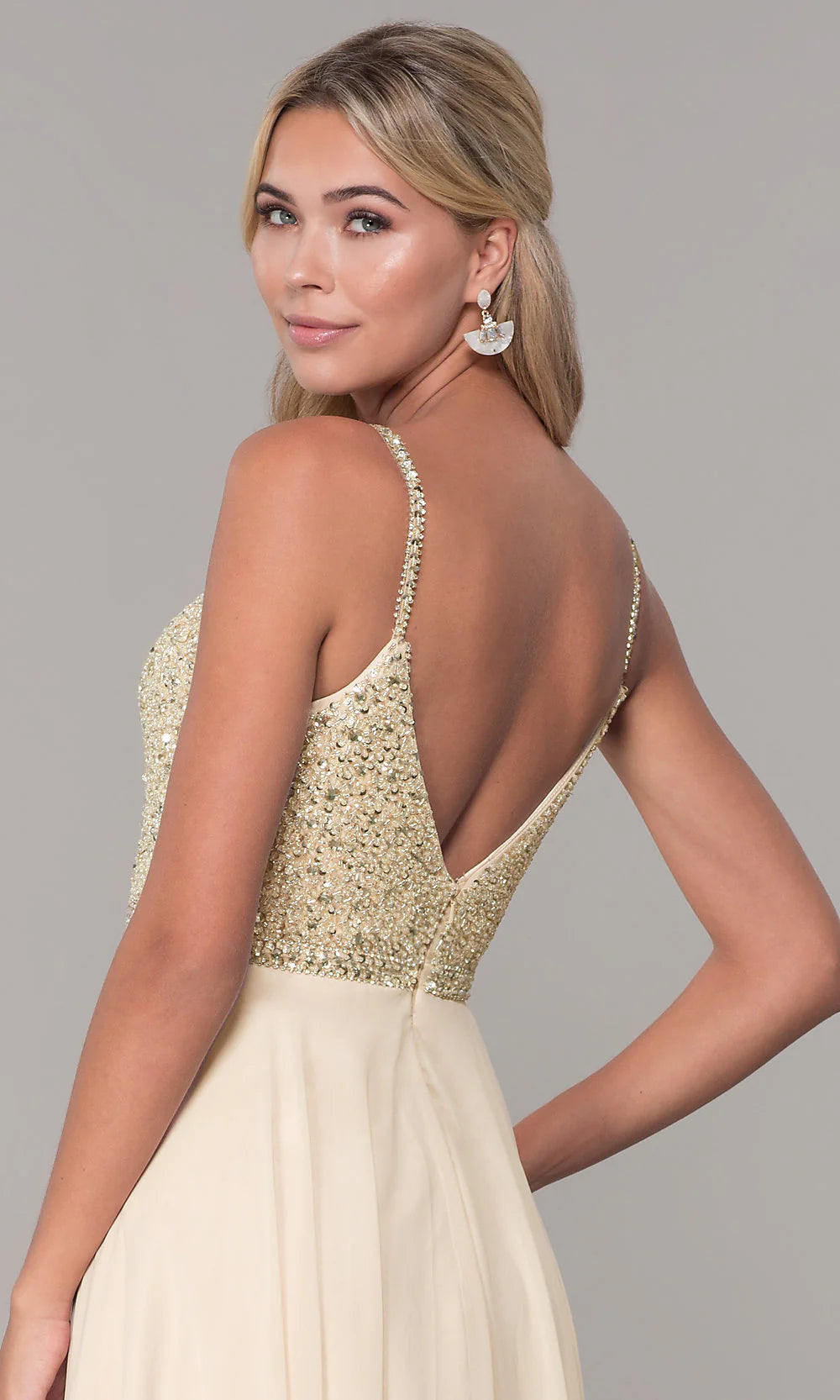 Long V-Neck Sleeveless Beaded-Bodice Prom Dress