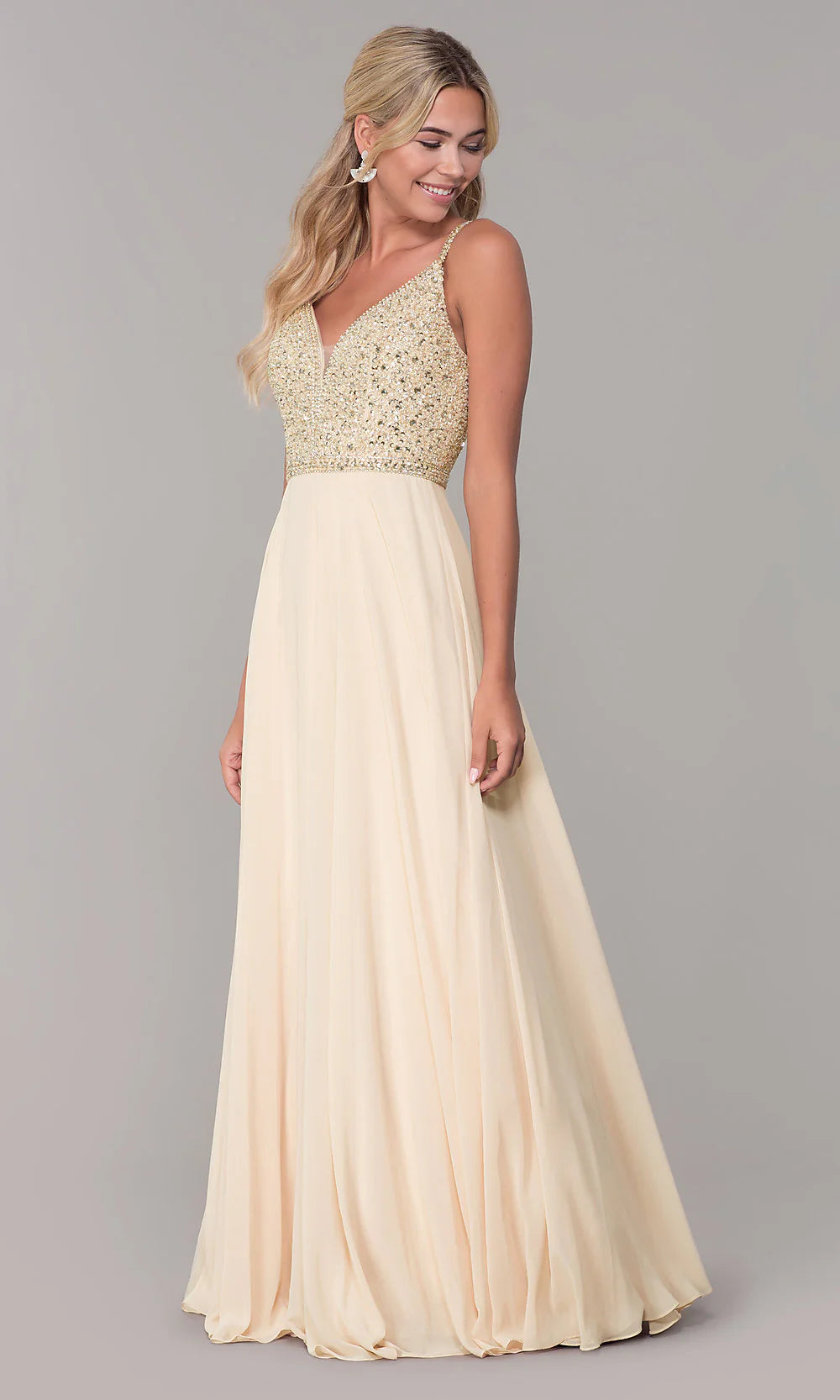Long V-Neck Sleeveless Beaded-Bodice Prom Dress