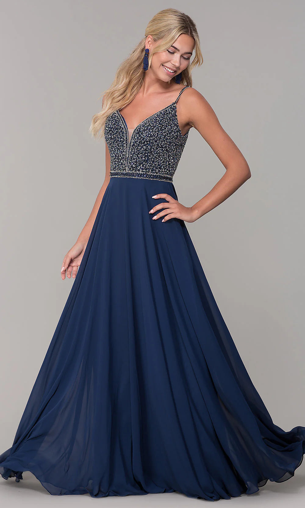 Long V-Neck Sleeveless Beaded-Bodice Prom Dress