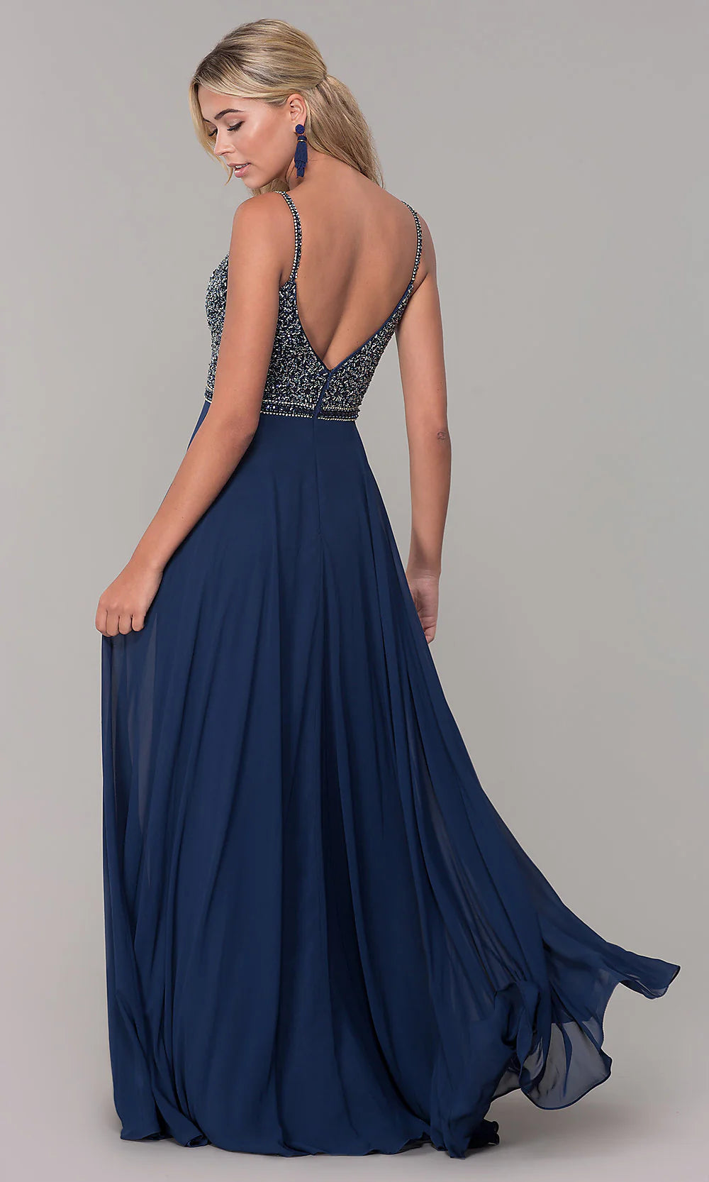 Long V-Neck Sleeveless Beaded-Bodice Prom Dress