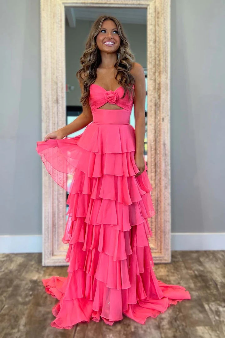 Strapless Tiered Ruffle Slit Prom Dress with Keyhole