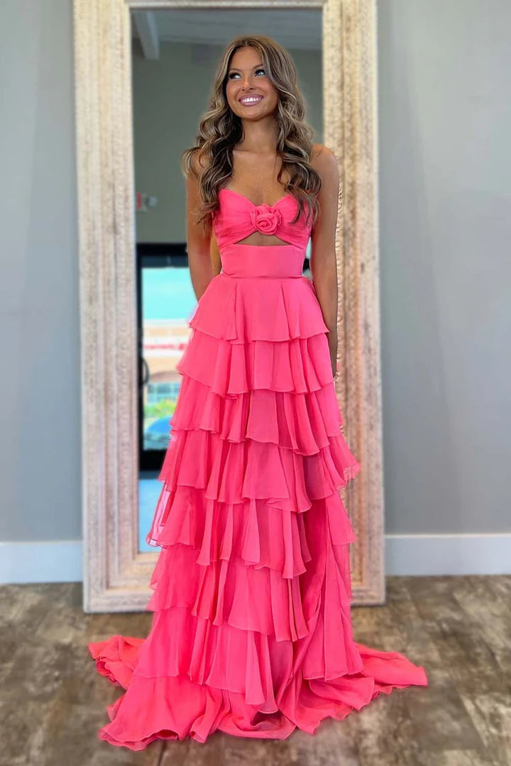 Strapless Tiered Ruffle Slit Prom Dress with Keyhole