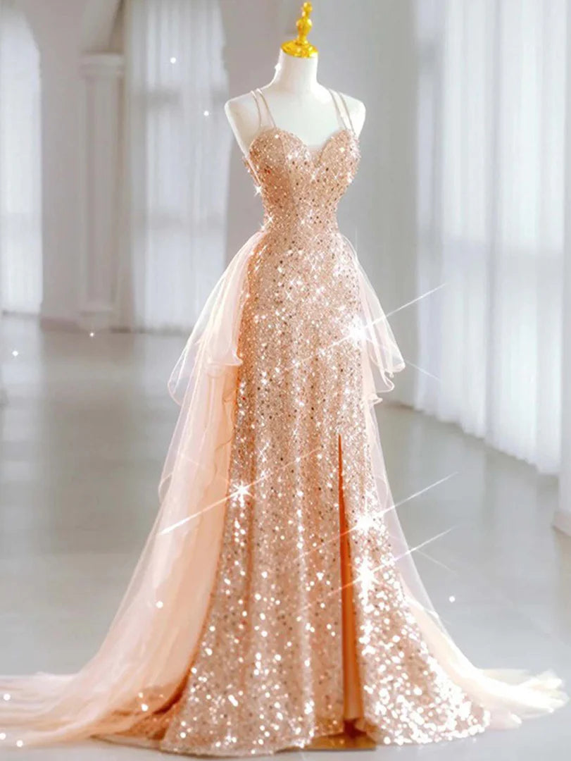 Sequin Tulle Glitter Lace Up Back Prom Dress